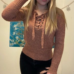 Love Tree Lace-Up Neckline Pink Sweater